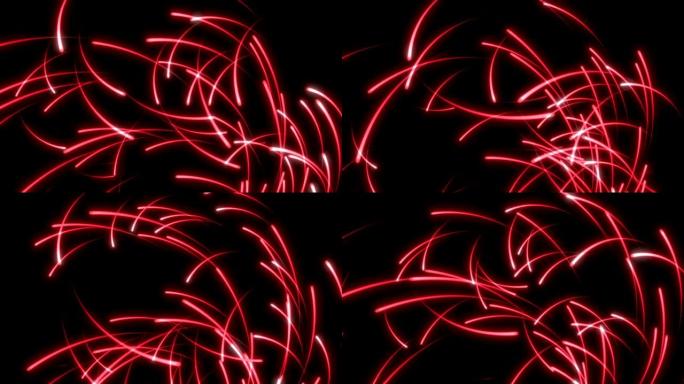 发光的红色颗粒流。带闪光灯的快速能量飞行波浪线。黑色背景上的动画魔术漩涡轨迹。可循环的数字3d动画。