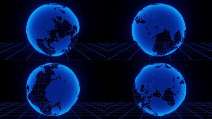 线框地球在空间中的线框平面上旋转。3D渲染无缝动画循环。