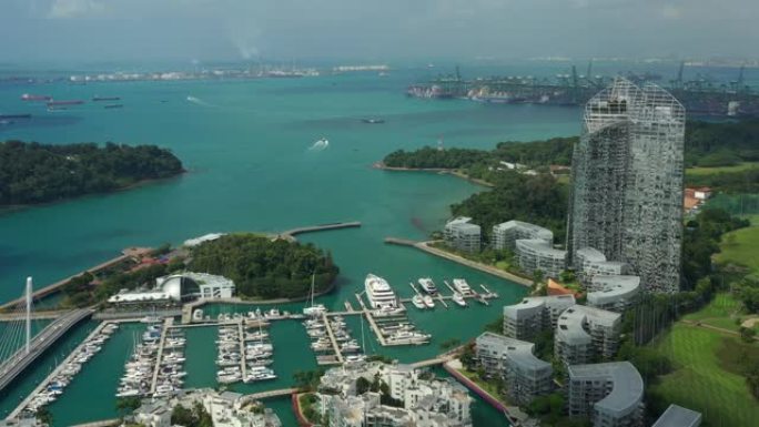 新加坡城市晴天公寓海湾综合游艇码头码头交通道路空中全景4k