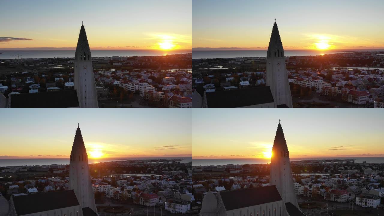 雷克雅未克冰岛在日落时的空中4k无人机视频