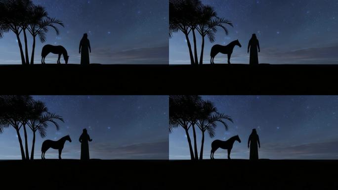 沙漠中繁星点点的夜晚背景下的马和贝都因阿拉伯人的剪影4k