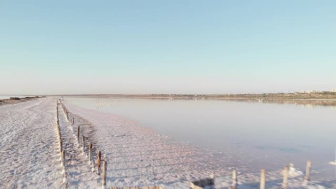 在Kuyalnik河口带有旧木柱的盐海岸线。敖德萨附近库亚尼克·利曼海岸的结晶盐。旧木结构，18世纪