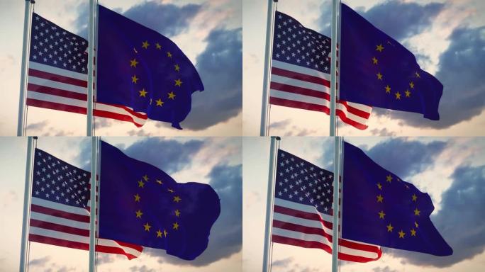 显示政治关系的旗杆上悬挂着美国和欧盟的旗帜。
