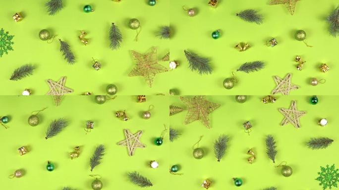 圣诞抽象图案360度旋转。冷杉树枝、圆锥和礼品盒在绿色背景上旋转