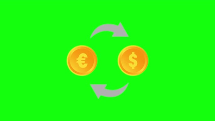 彩色交换欧元美元图标平外国硬币钱10动画绿屏色度键