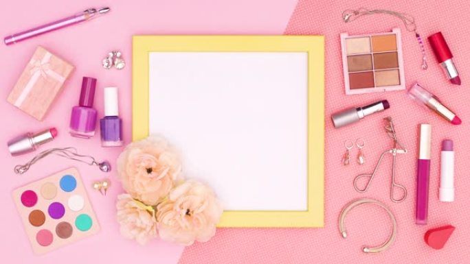 化妆产品在黄色框架周围闪烁粉色主题的文本。停止运动