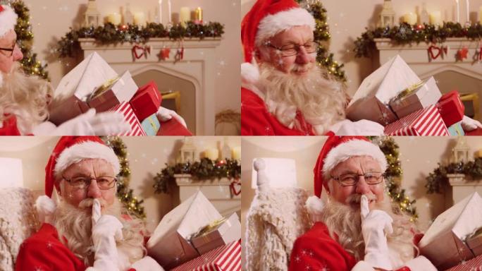 雪花落在拿着礼物的圣诞老人身上，手指放在嘴唇上