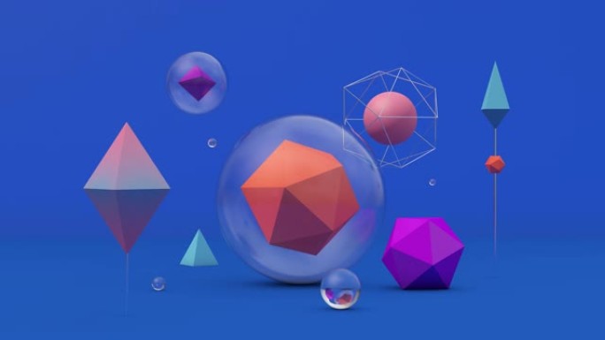 玻璃球体中的几何形状。抽象动画，3d渲染。