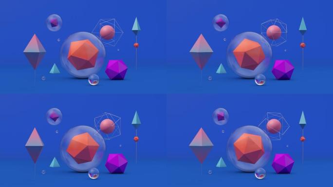 玻璃球体中的几何形状。抽象动画，3d渲染。
