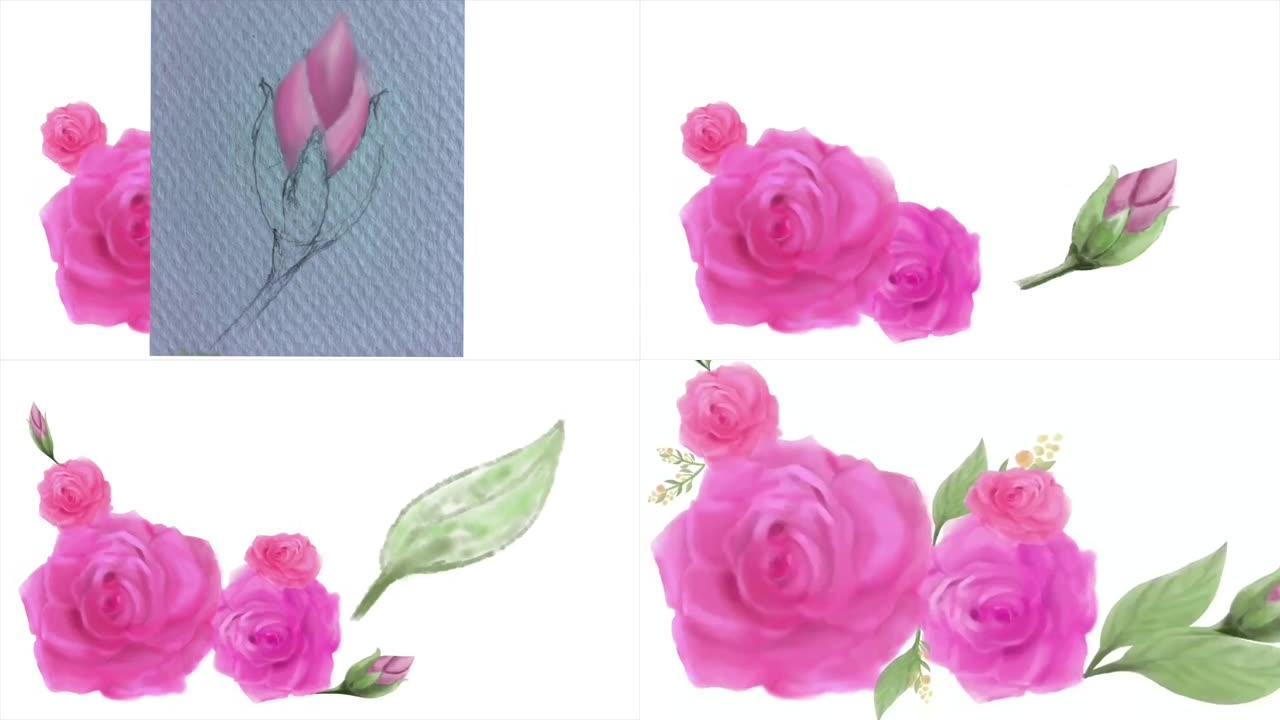 延时，动画，数字绘画，水彩风格，白色背景上的复古玫瑰花束