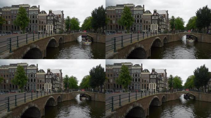 阿姆斯特丹市中心白天著名的交通运河街十字路口全景4k荷兰