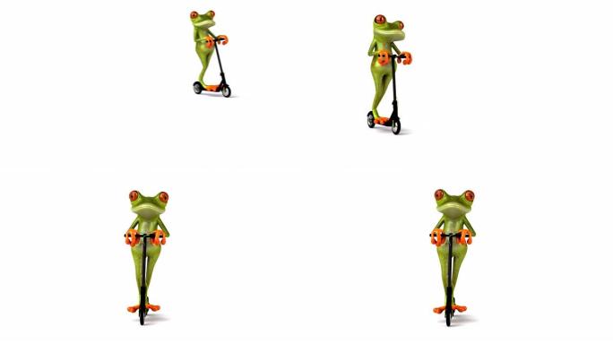 电动滑板车上有趣的3D绿色卡通青蛙