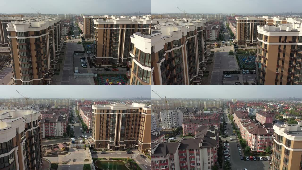 乌克兰基辅地区Sofievskaya Borschagovka-2020年10月: 公寓楼的鸟瞰图。