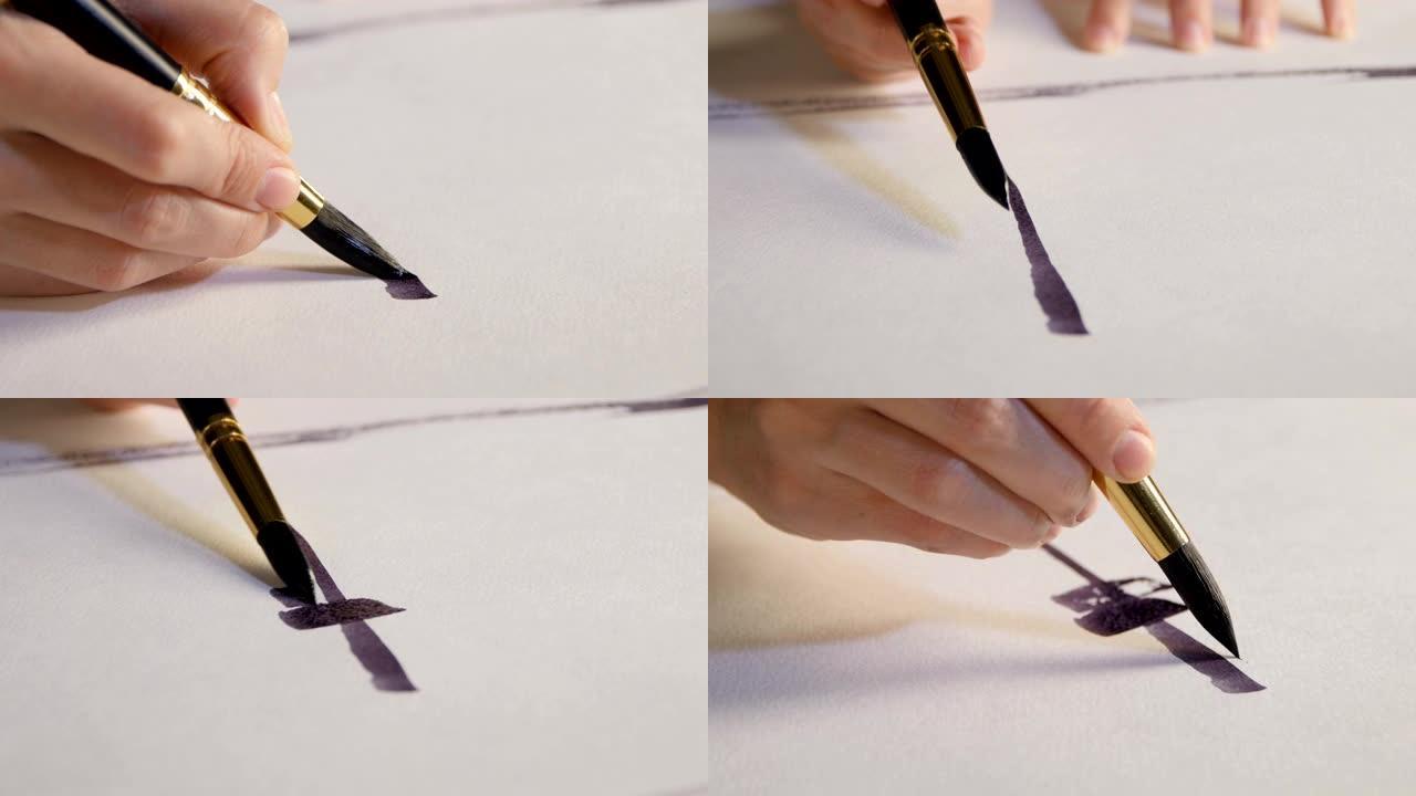 画家用黑色墨水绘制交叉不同的宽线