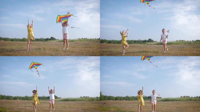 玩风筝，可爱的女孩朋友享受户外休闲，在阳光明媚的日子，在蓝天下，周末在森林里发射一个空气玩具