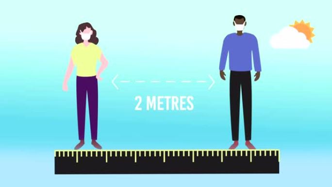 戴着面具的人的动画在蓝色背景下与太阳图标社交距离