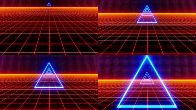 数字景观三维渲染上的抽象未来发光三角氖激光器
