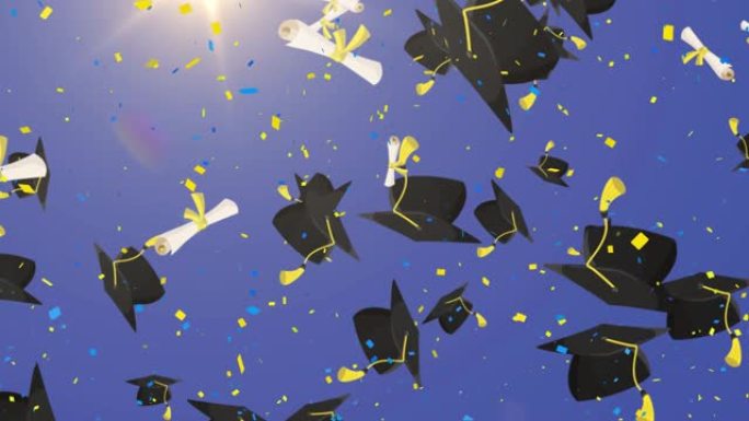 多个毕业帽和文凭图标在蓝色背景下移动五彩纸屑