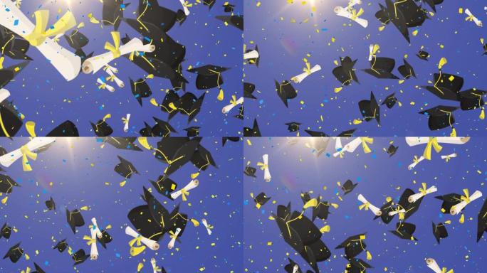 多个毕业帽和文凭图标在蓝色背景下移动五彩纸屑
