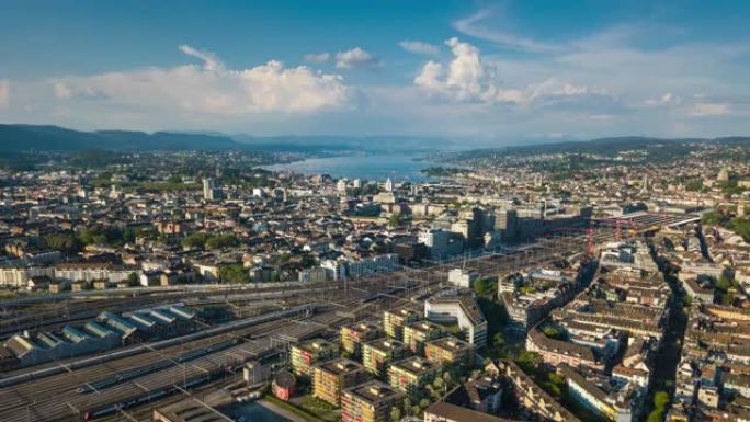 阳光明媚的苏黎世城市景观河火车站铁路航空全景4k时间流逝瑞士