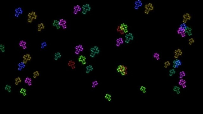 彩虹五彩的护身符辉光穿过情感符号元素在黑色屏幕上飞舞