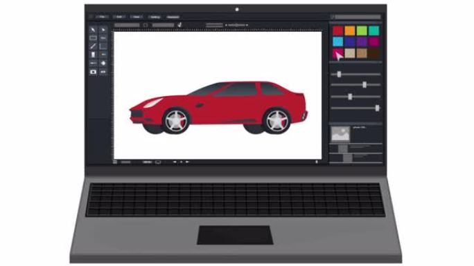 照片编辑。使用笔记本电脑的动画。卡通