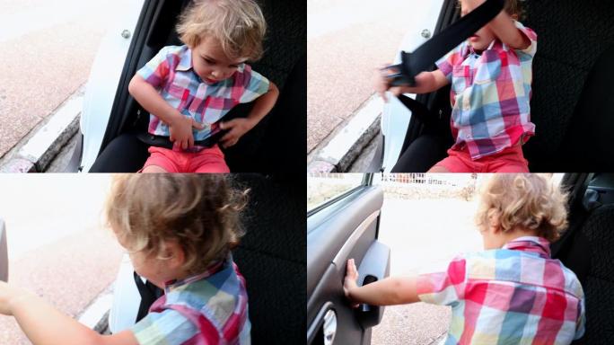 蹒跚学步的男孩解开汽车安全带