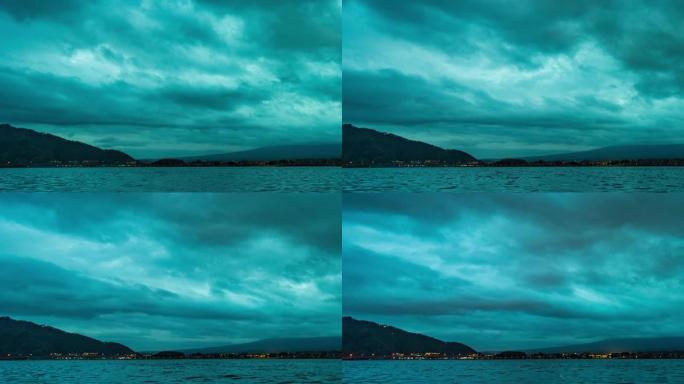 从河口湖看富士山，天空多云，黄昏延时视频