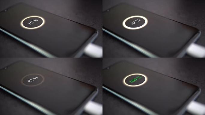 智能手机用电缆快速充电。特写