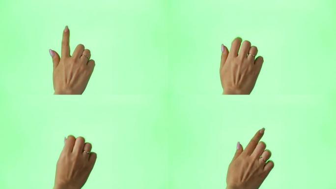 女性手触摸，点击，点击，滑动，拖动和滑动色度键绿色屏幕背景