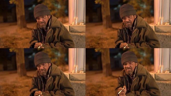 悲伤的流浪汉晚上坐在街上。孤独寒冷的乞丐吸烟