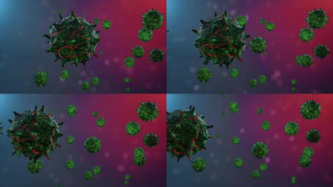 病毒分子在空间中近距离飞行，在模糊的其他分子中。冠状病毒-3D动画渲染