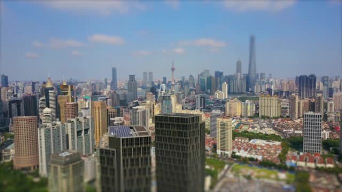 晴天时间上海城市景观空中全景4k倾斜移位中国