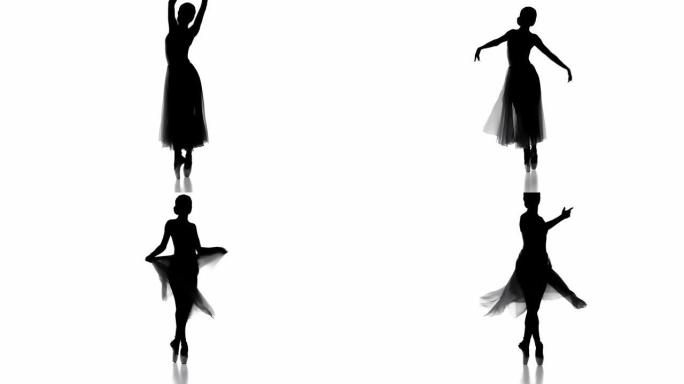 优雅芭蕾舞演员在尖尖上跳舞的剪影孤立在白色上