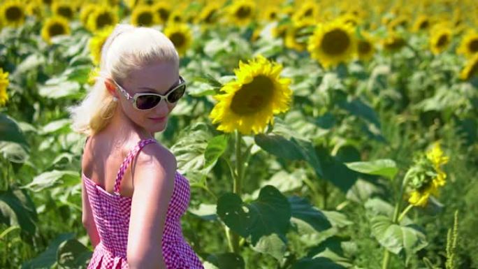 这个女孩戴着变色龙眼镜，白天在阳光明媚的阳光下在向日葵的田野里转身