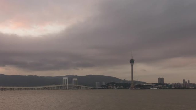 日落天空澳门城市景观海湾全景4k延时中国