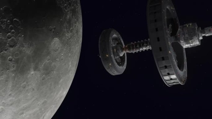 空间站在月球附近飞行，科幻太空旅行-3D渲染动画