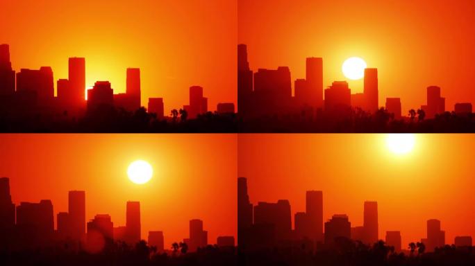 太阳从洛杉矶市中心后面升起的时间流逝