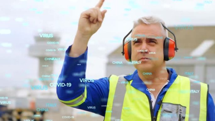 在机场的高加索男性空中交通管制员上浮动新型冠状病毒肺炎文字的动画