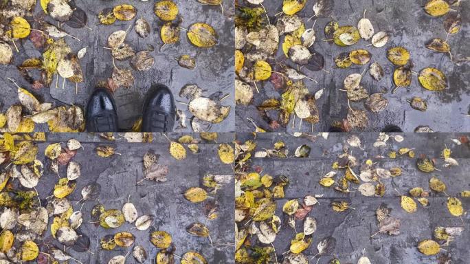 人行道上有黄色叶子和皮鞋的秋天背景