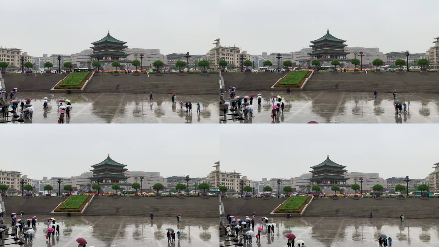 西安钟楼下雨实拍城市街道 地面映射