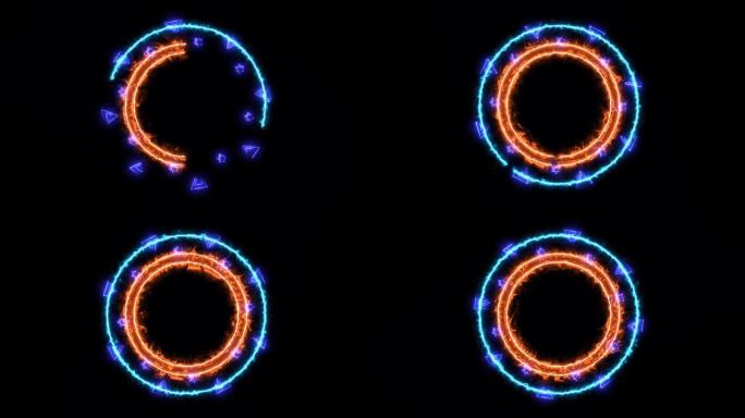 Absract热橙色功率和蓝色能量圆线辉光和三角天使和六角星全部旋转