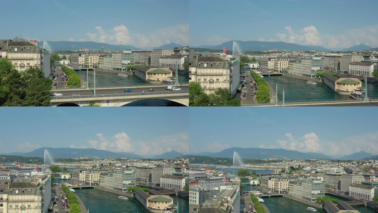 夏日日内瓦市河畔交通桥空中全景4k瑞士