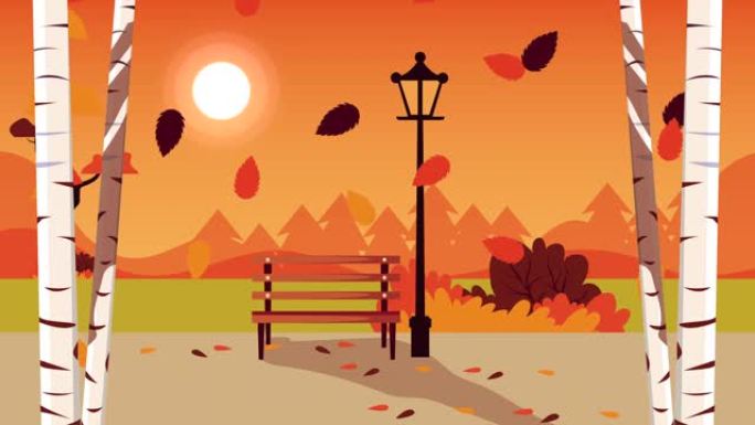 你好秋季动画与公园和叶子的场景