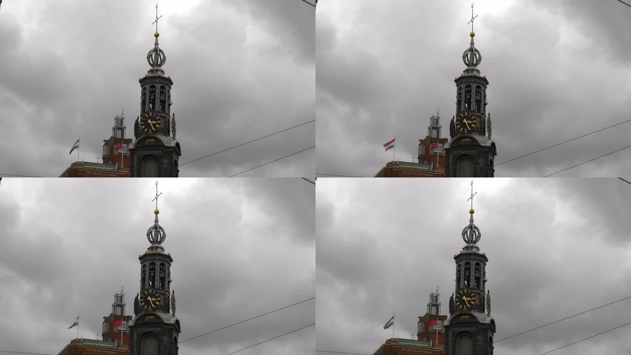 多云的一天阿姆斯特丹市中心著名的教堂塔顶部全景慢动作全景4k荷兰