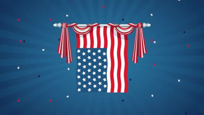 美国庆祝动画卡片与旗帜悬挂