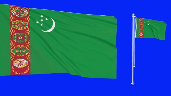 绿色屏幕土库曼斯坦两旗挥动土库曼旗杆动画3d色度键