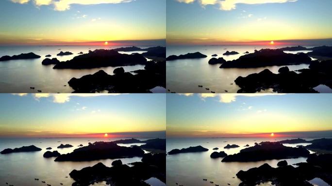 无人机全景无边海洋，日落时岛屿轮廓
