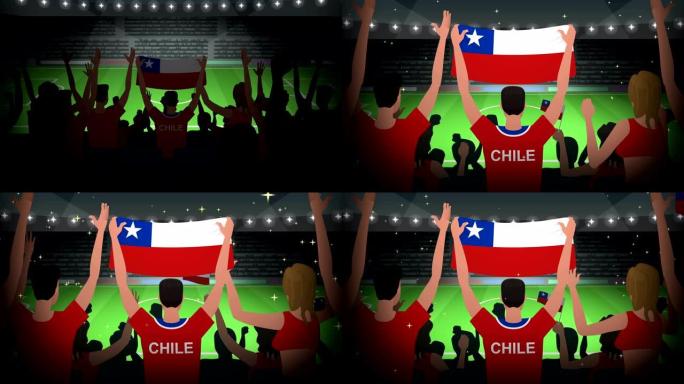 卡通欢呼的足球迷拥挤智利足球动画