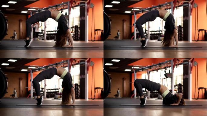 年轻的女士正在现代健身房做向前的弓姿势，慢动作。运动的女人被证明是桥式姿势，踮起脚尖伸展身体